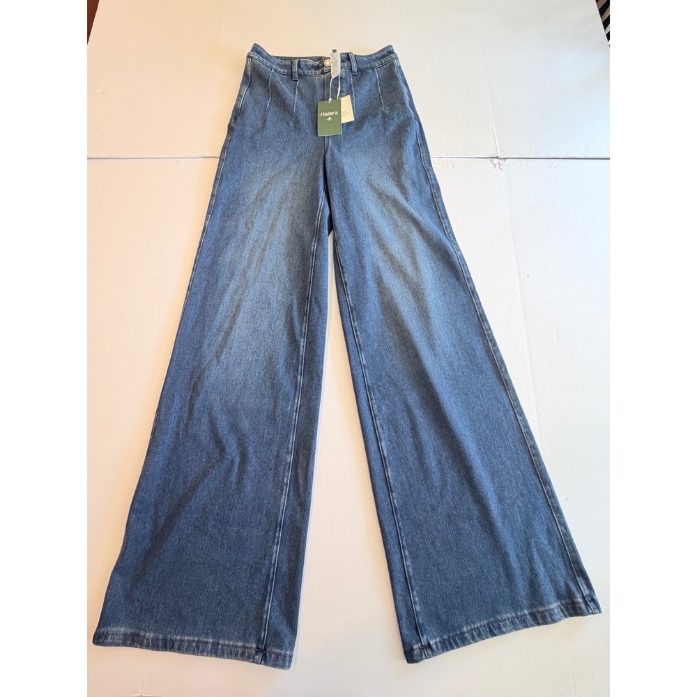 Halara Women Blue High Waisted Wide Leg Seam Detail Denim Jeans Size S Extall